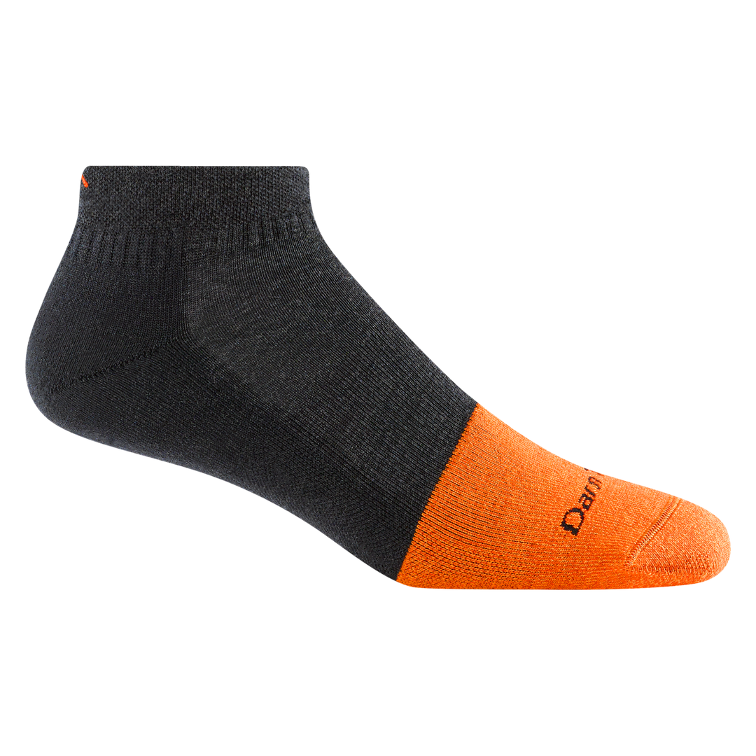 2205 men's steely no show work sock in color graphite with orange toe accent and small mountain detail on ankle