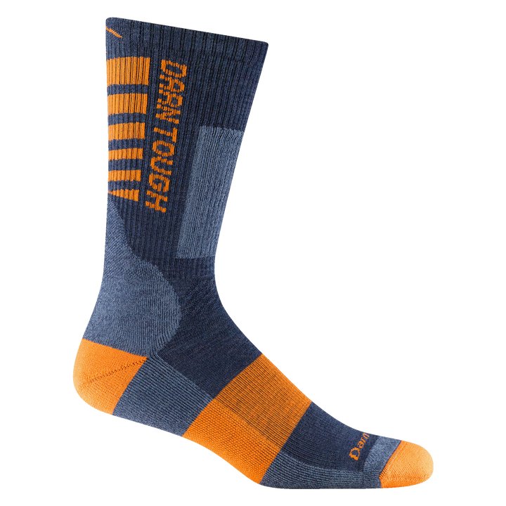 2207 Men's backbone work boot sock in indigo with orange heel/toe orange forefoot stripe and orange detail on ankle