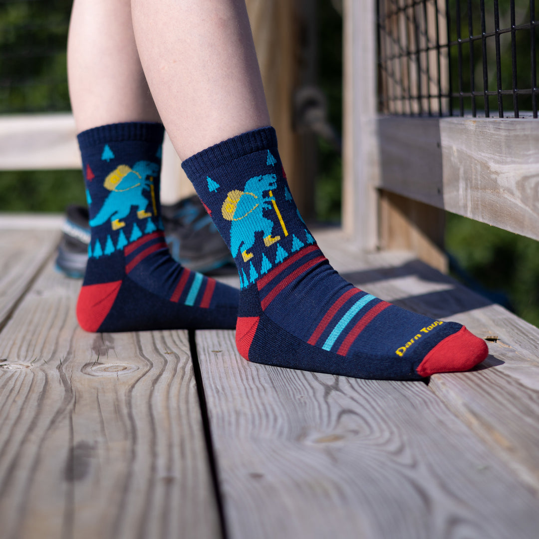 Close up shot of kid wearing Ty-Ranger-Saurus socks while standing on wooden nature overlook.