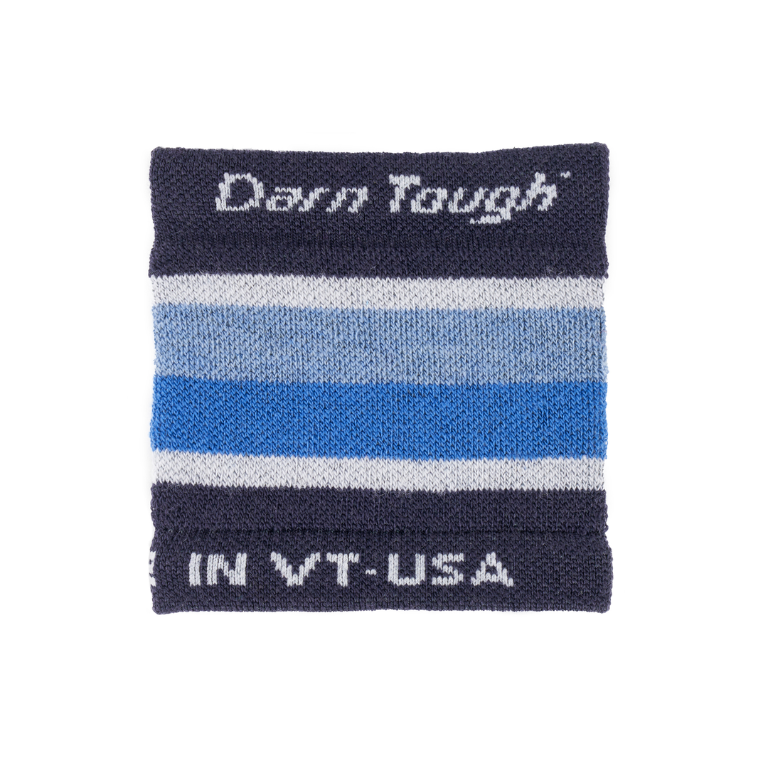 Darn tough koozie in blackberry with blue and white stripes