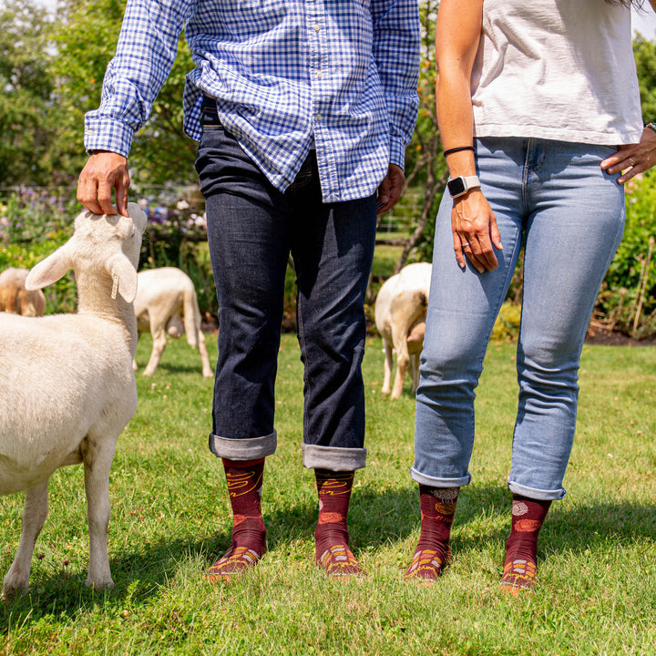 Two models standing on grass in the 6218 burgundy sock petting a lamb