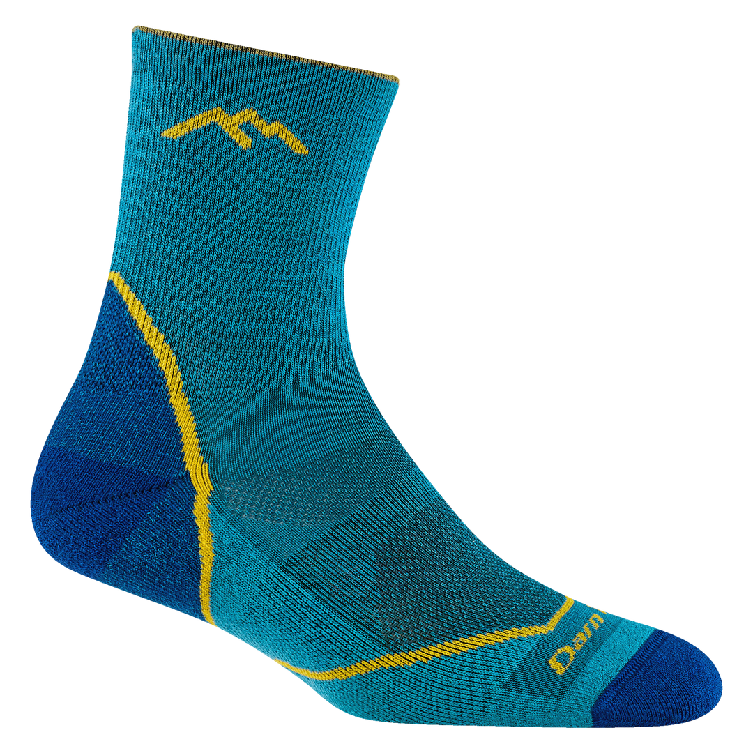 3023 juniors light hiker micro crew hiking sock in cascade with denim accents and yellow forefoot outline