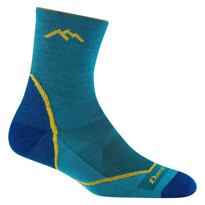 3023 juniors light hiker micro crew hiking sock in cascade with denim accents and yellow forefoot outline