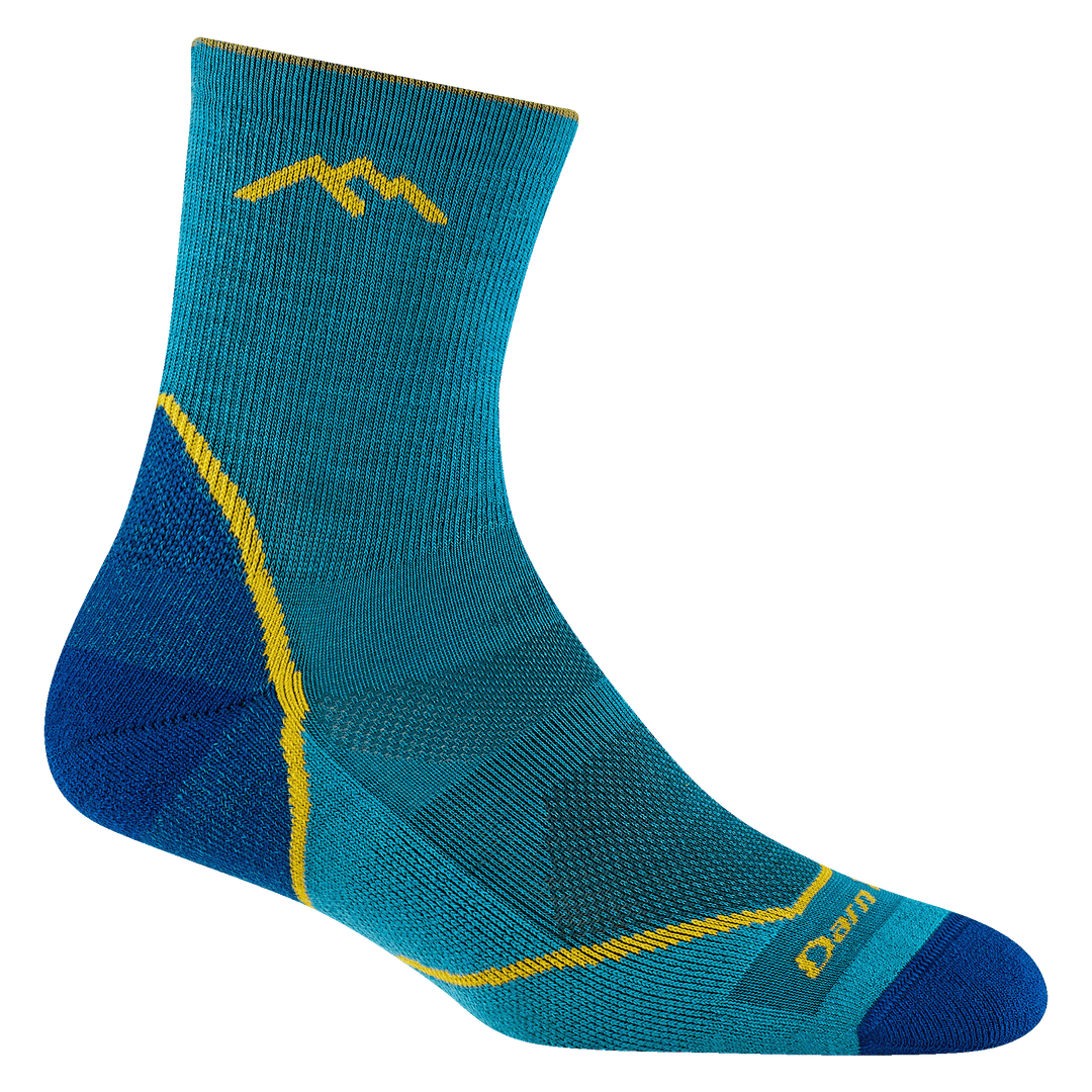 3023 juniors light hiker micro crew hiking sock in cascade with denim accents and yellow forefoot outline