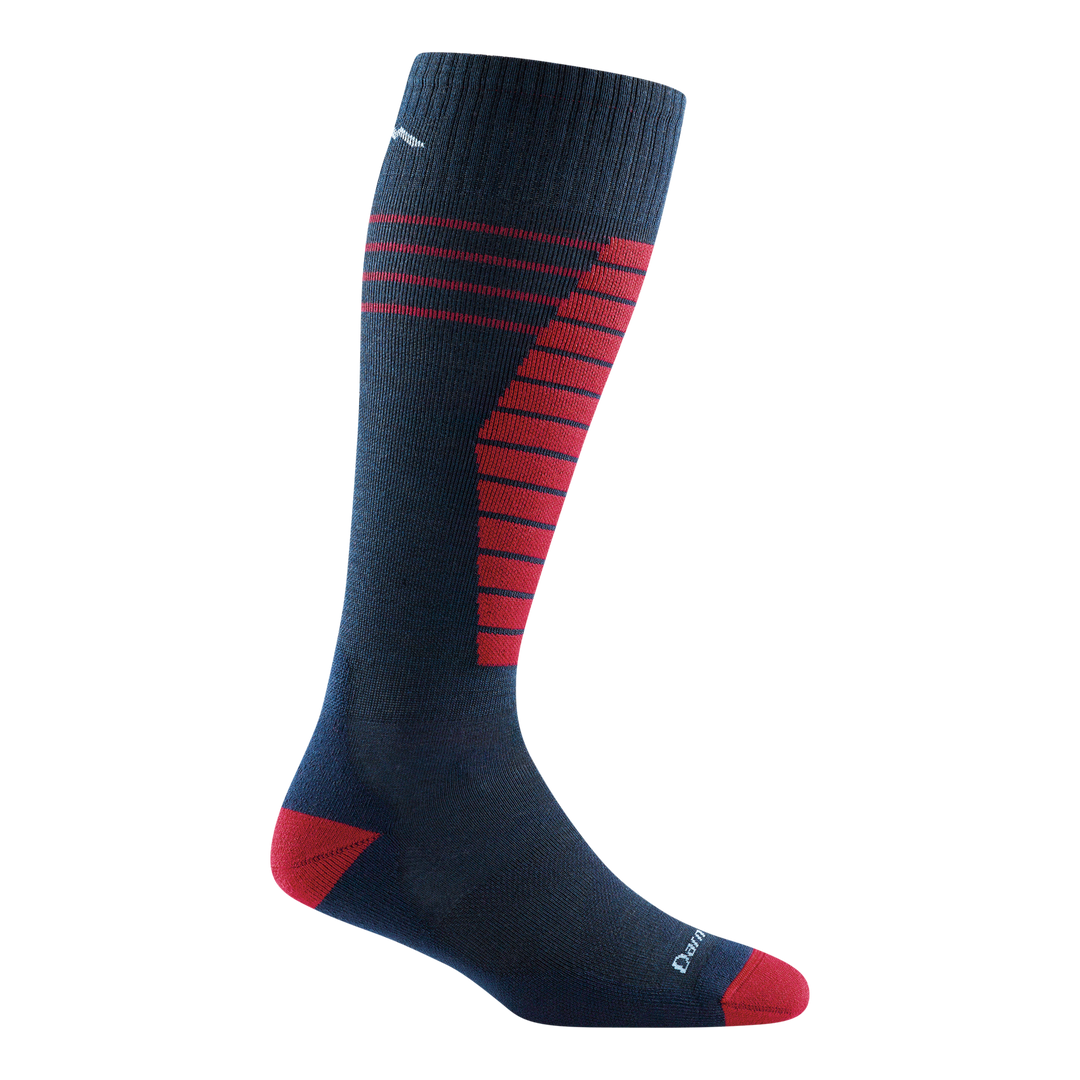 3029 kids edge over-the-calf ski sock in color navy eclipse with red toe/heel accents and striping on shin