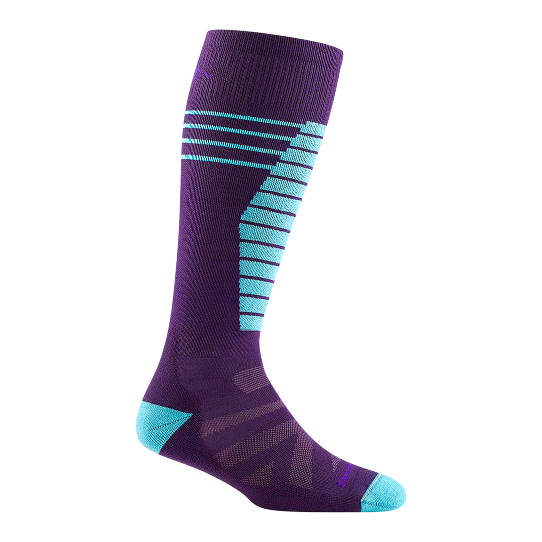 3029 kids edge over-the-calf ski sock in color purple nightshade with light blue toe/heel accents and striping on shin