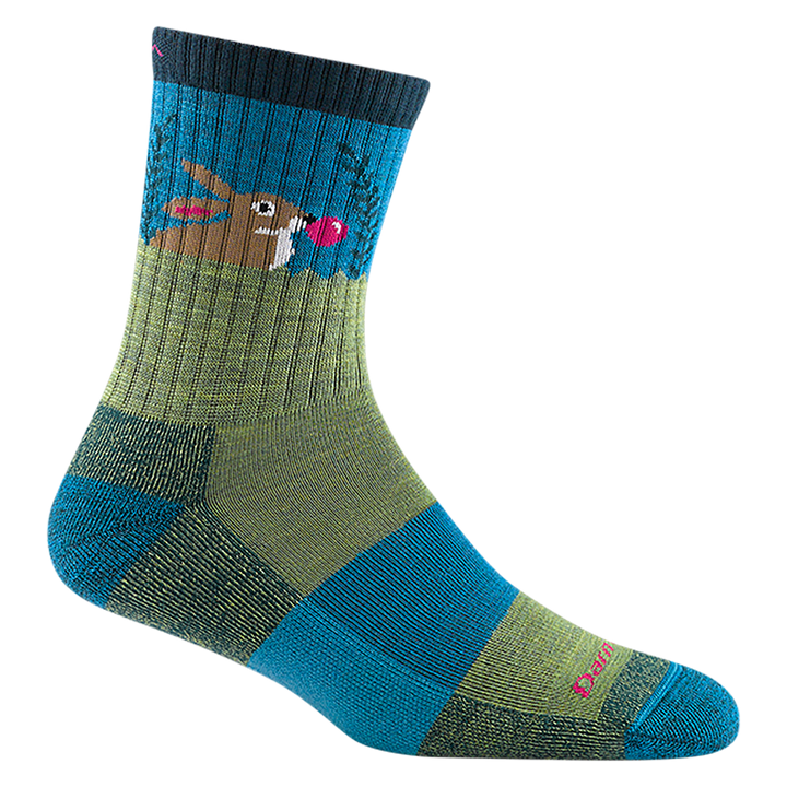 3032 kids bubble bunny micro crew sock in color willow green with blue accents and a brown bunny blowing a bubble