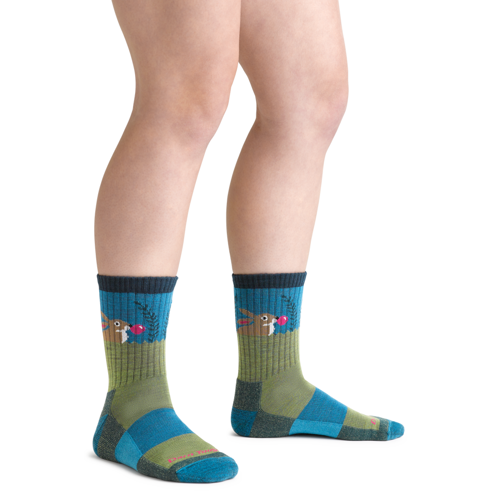 Bubble Bunny Jr. Kids' Hiking Socks in Willow green and blue on foot