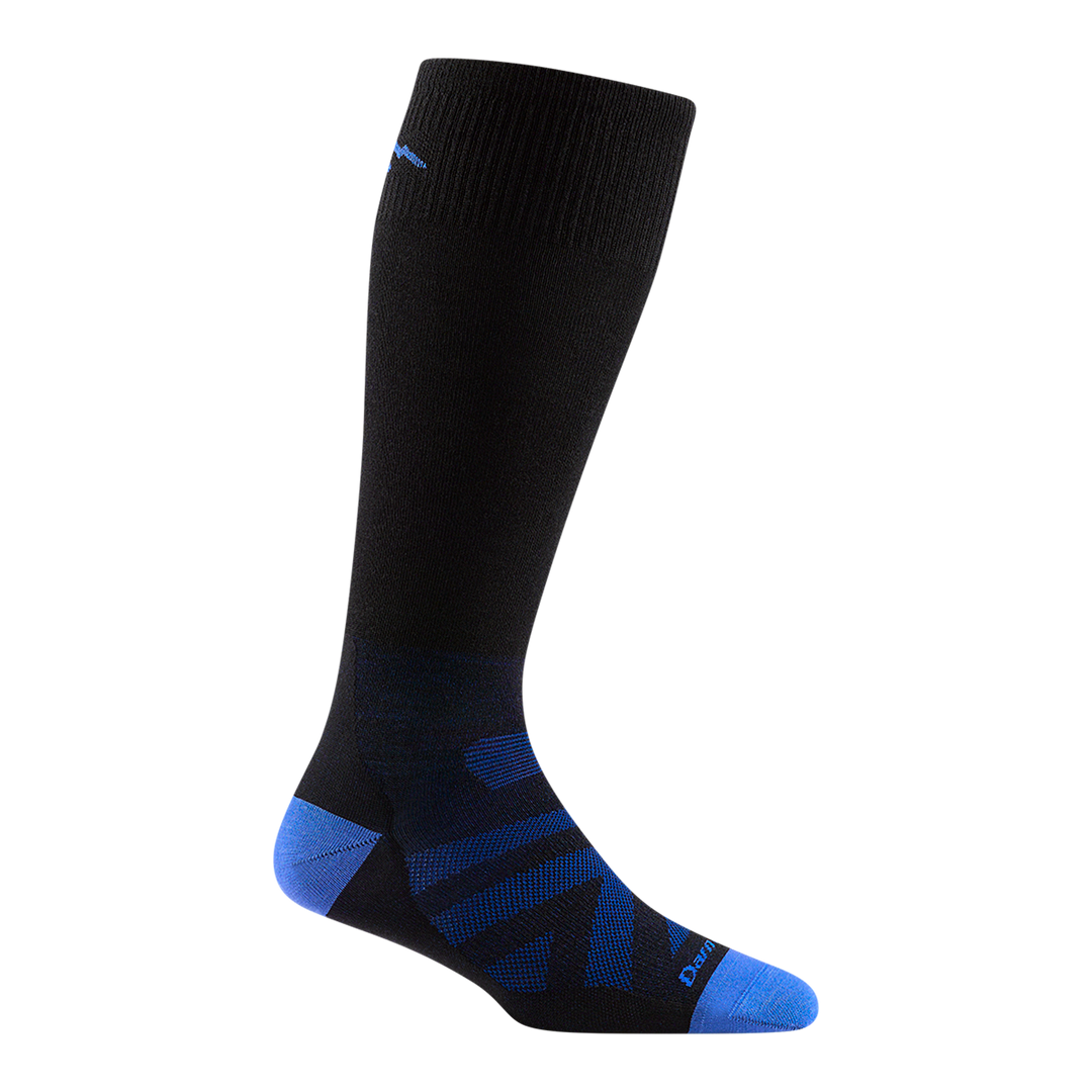 3034 kids RFL over-the-calf ski sock in color black with bright blue toe/heel accents and chevron detail on the forefoot