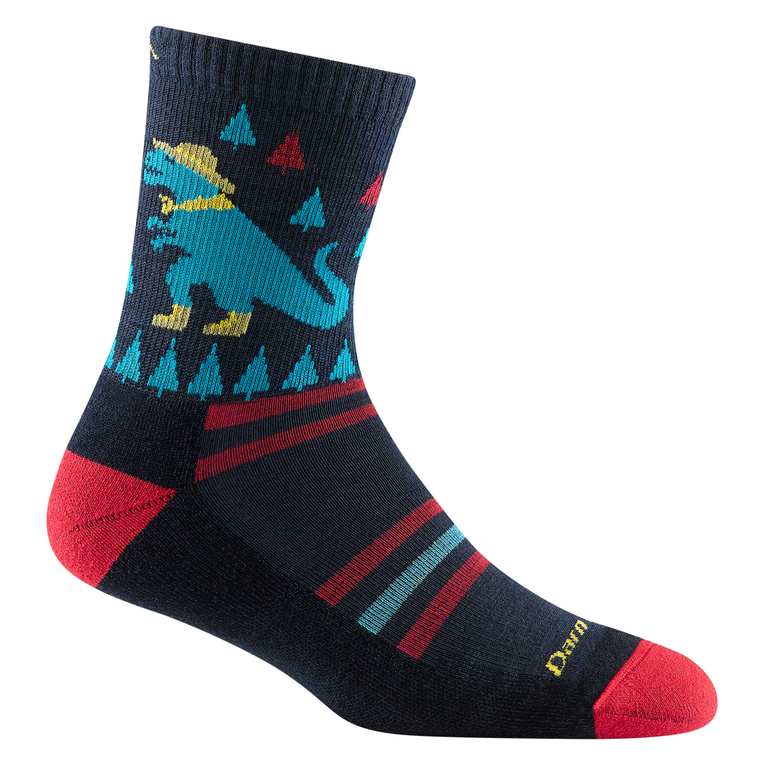 3038 kid's ty-ranger-saurus micro crew hiking sock in navy with red toe/heel accents and blue hiking dinosaur