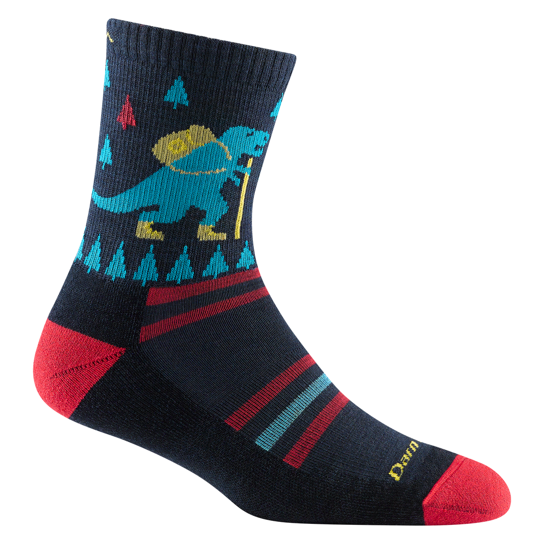 Reverse side of kid's ty-ranger-saurus micro crew hiking sock in navy with blue and red forefoot stripes and tree detail