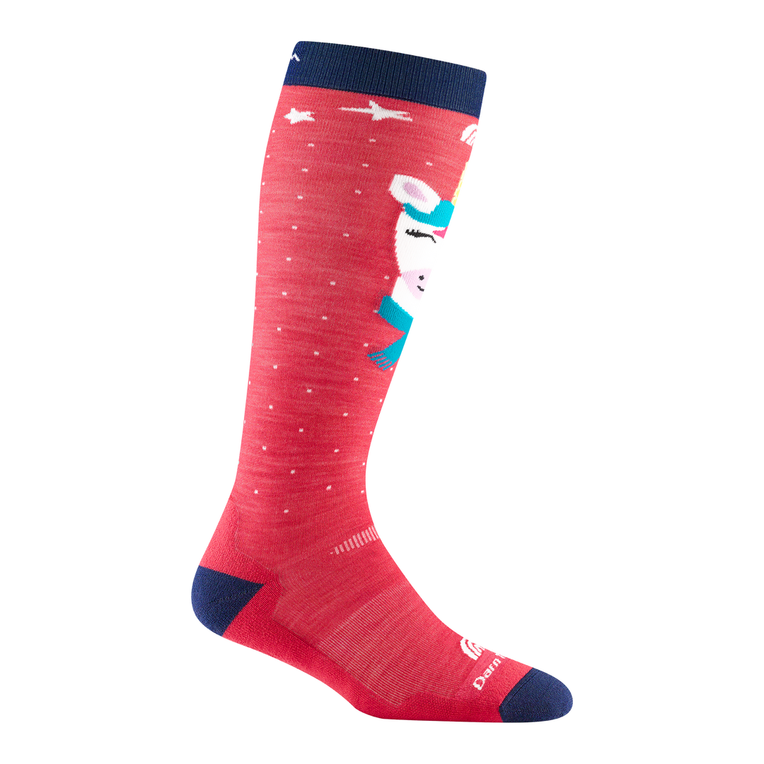3040 kid's magic mountain over-the-calf ski sock in raspberry red with navy toe/heel accens and white unicorn on shin