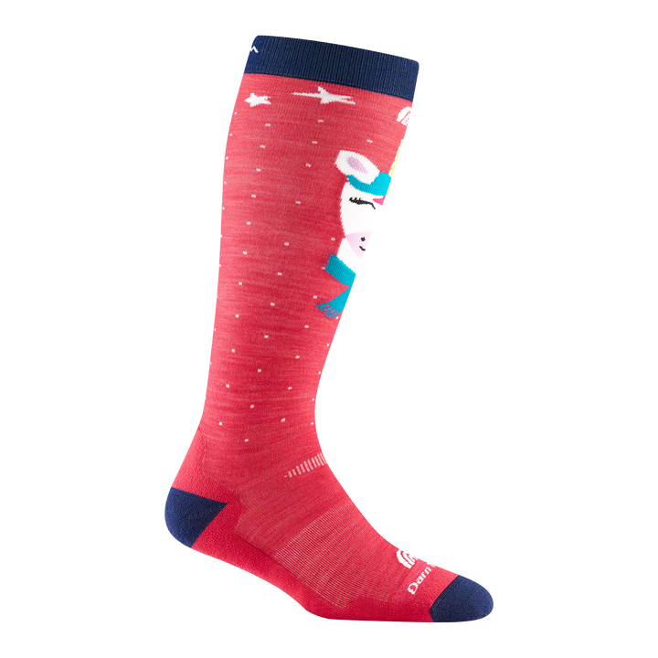 3807 kid's magic mountain over-the-calf ski sock in raspberry red with navy toe/heel accents and white unicorn on shin