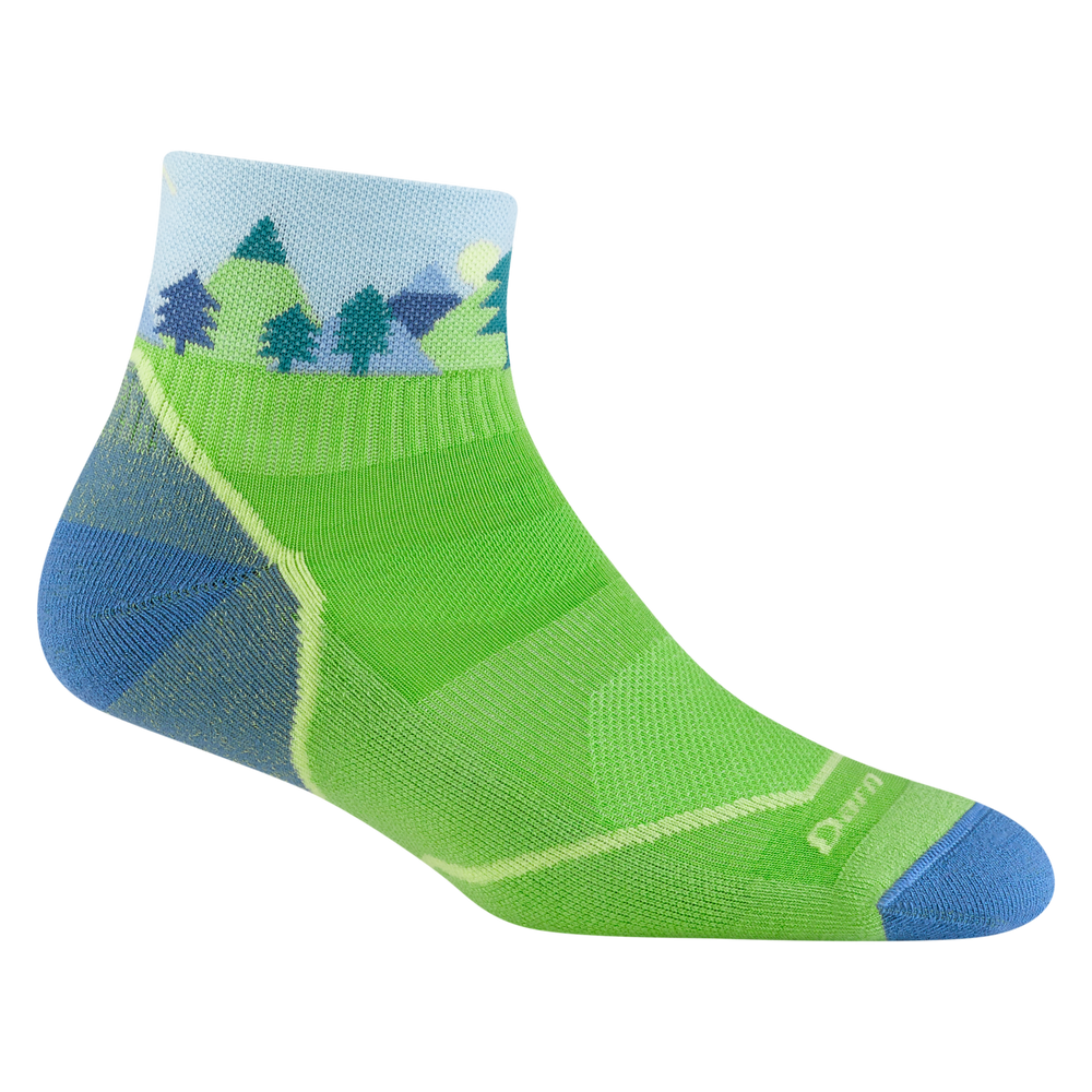 3041 juniors quest quarter hiking sock in green with blue toe/heel accents and blue and green tree ankle detailing