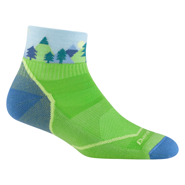 3041 juniors quest quarter hiking sock in green with blue toe/heel accents and blue and green tree ankle detailing