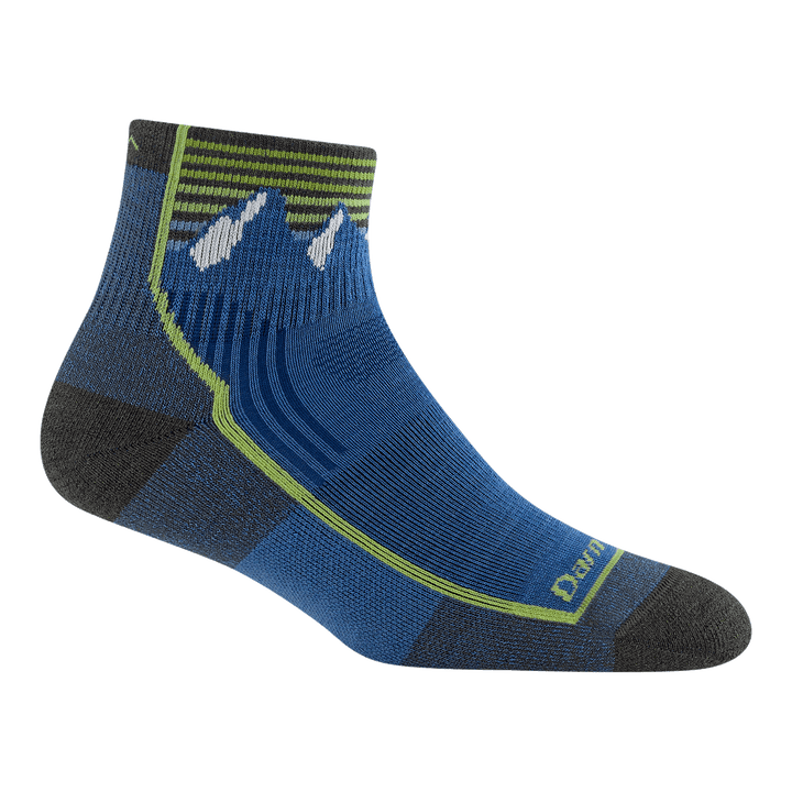 3041 junior quarter hiking sock in mountain blue featuring a black heel/toe blue body with stripes and mountain image on cuff