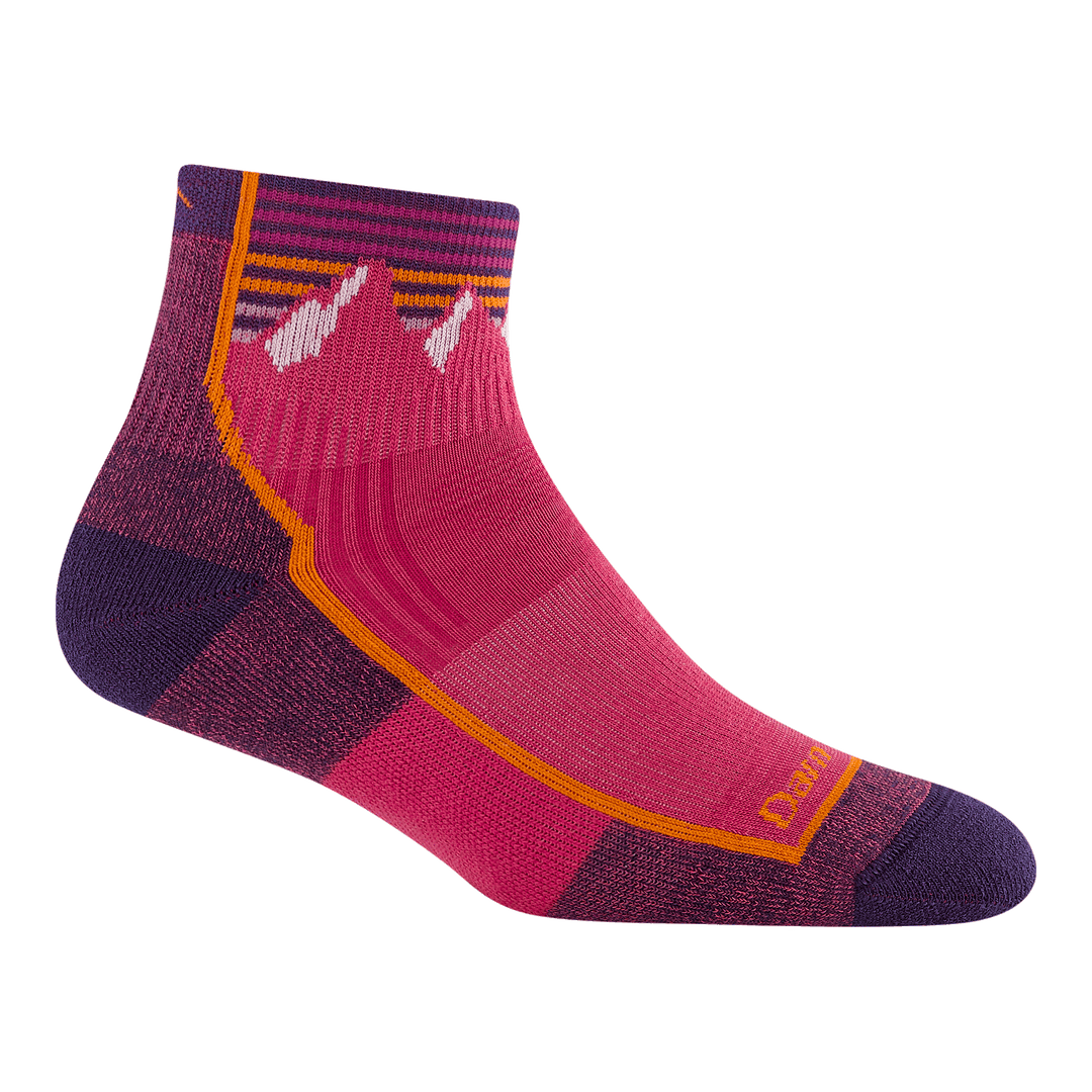 3041 junior quarter hiking sock in mountain berry featuring a purple heel/toe pink body with stripes and mountain image on cuff