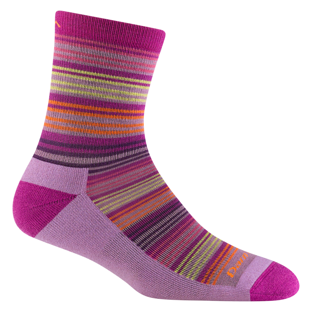 3042 juniors zebra canyon micro crew hiking sock in clover pink with orange, yellow and purple thin horizontal striping