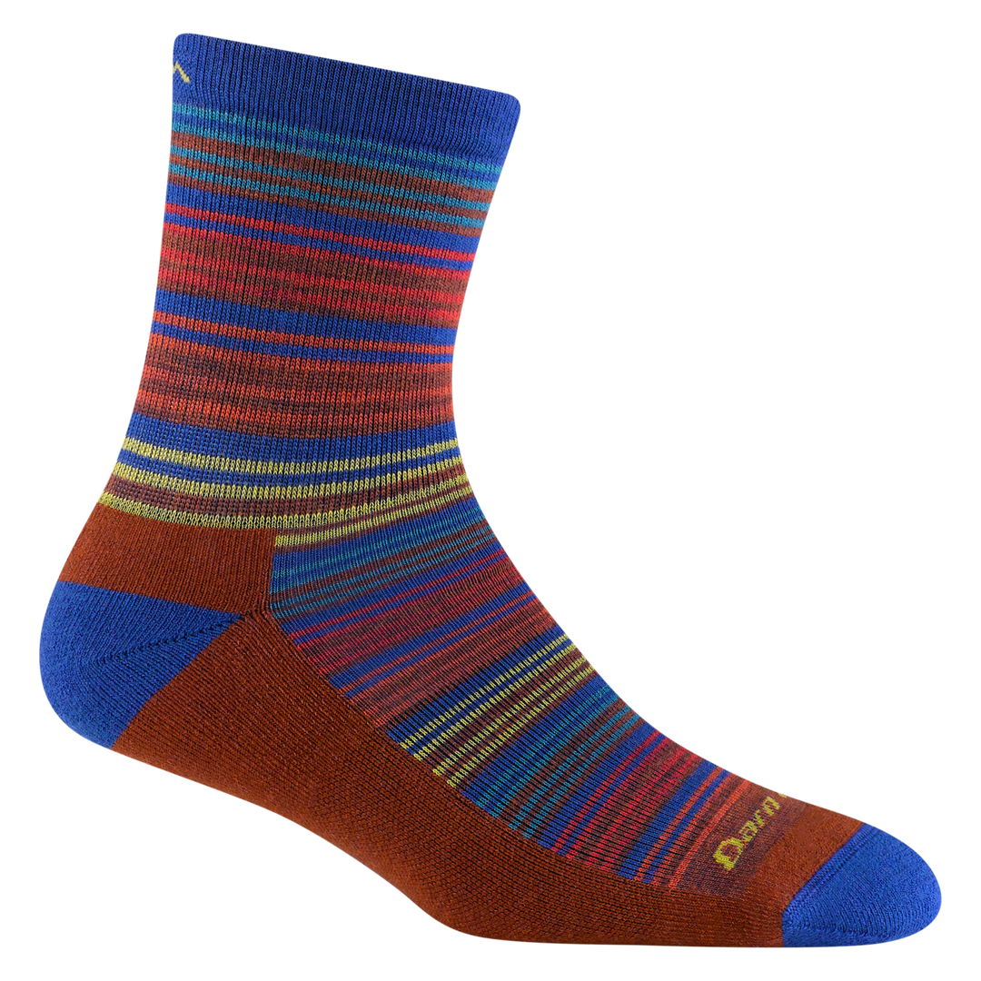 3042 juniors zebra canyon micro crew hiking sock in marine with blue toe/heel accents and red, blue and yellow striping