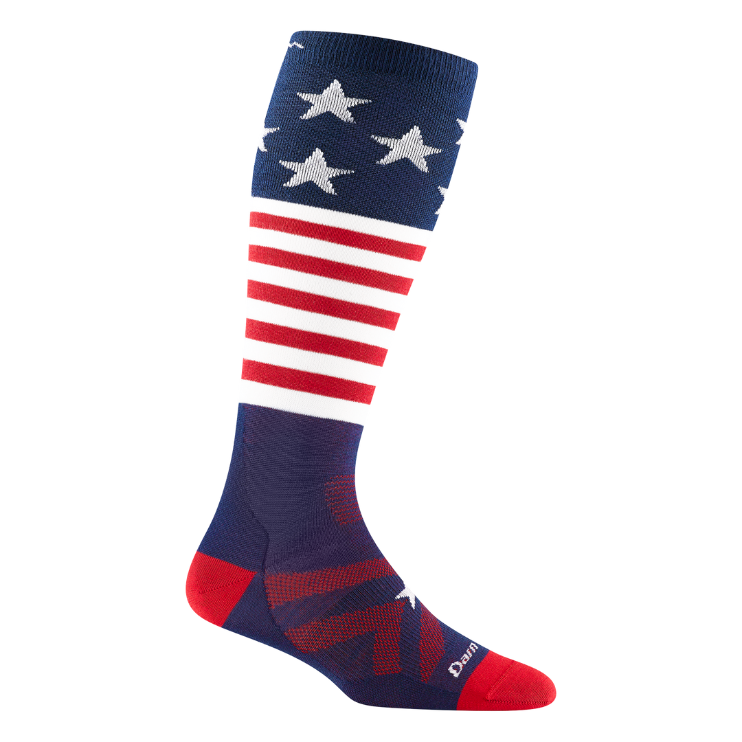3801 kids captain stripes over-the-calf ski sock in navy with red toe/heel accents and American flag design