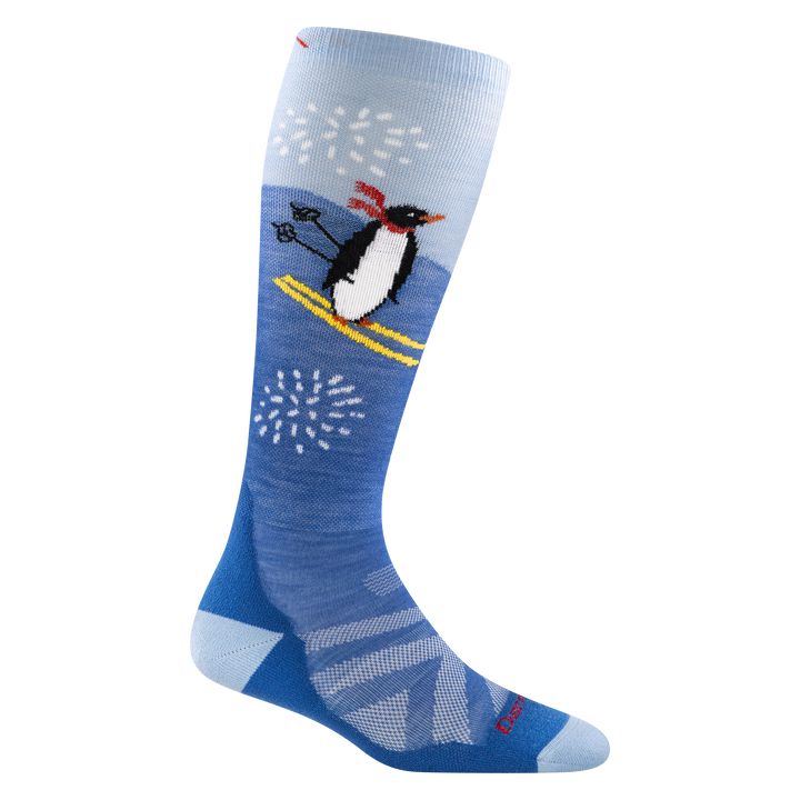 3808 penguin peak in stellar featuring a light blue heel/toe and a skiing penguin on the calf