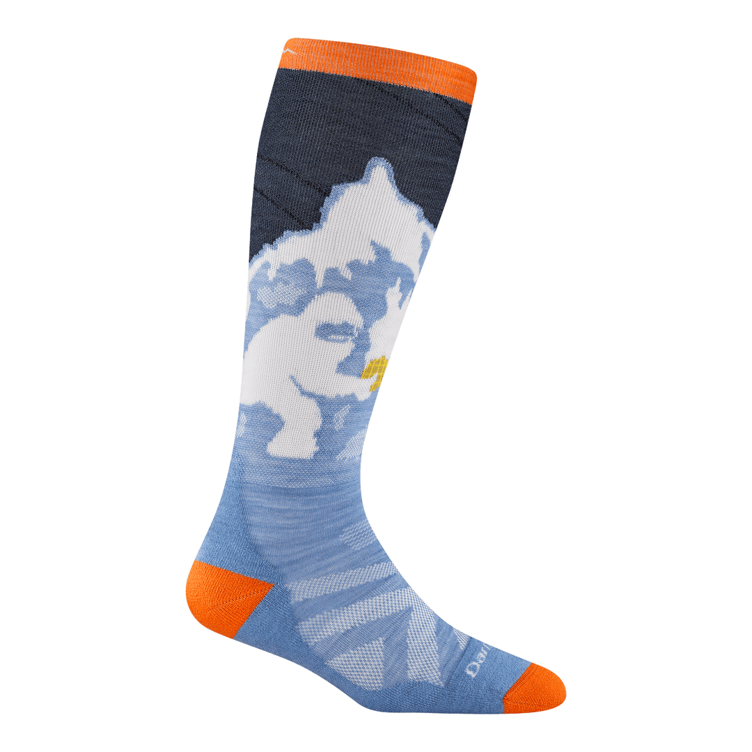 reverse 3809 Little yeti in midnight featuring the a yeti and mountain side orange heel/toe and white logo