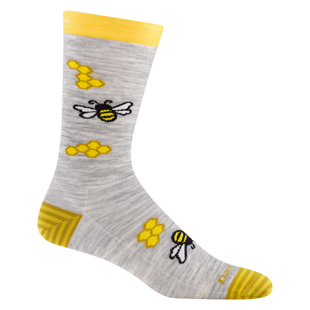 4087 honeybee in color ash, featuring yellow stripe toe and heal with honeybees and honeycombs on foot and ankle