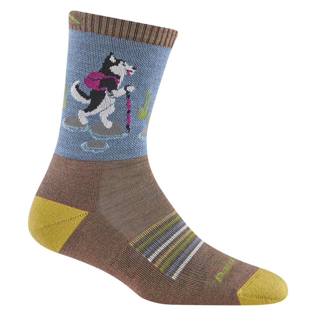 5001 women's critter club micro crew hiking sock in bark with yellow toe/heel accents and a dog with a walking stick