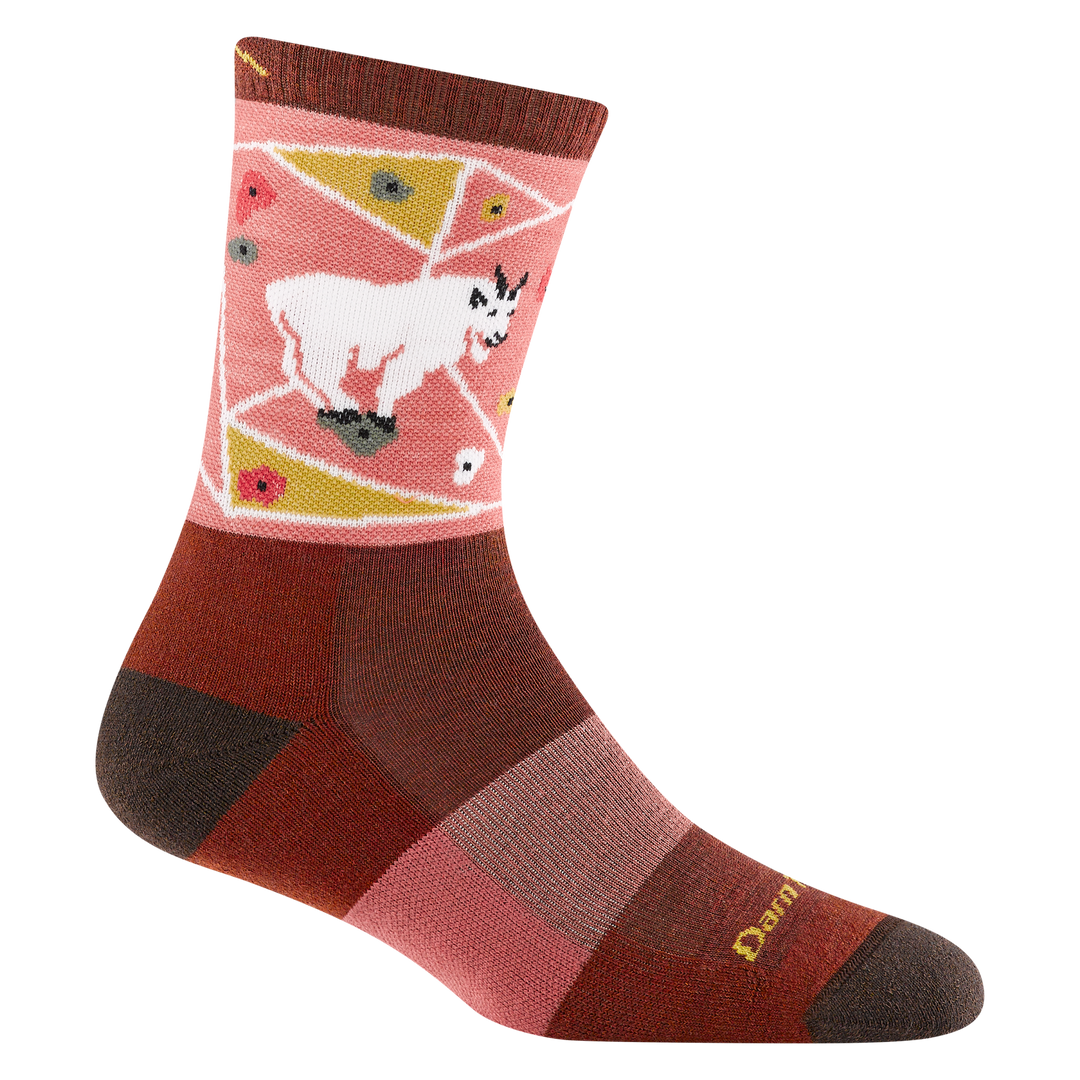 5001 women's critter club micro crew hiking sock in canyon with brown toe/heel accents and a ram on a climbing wall
