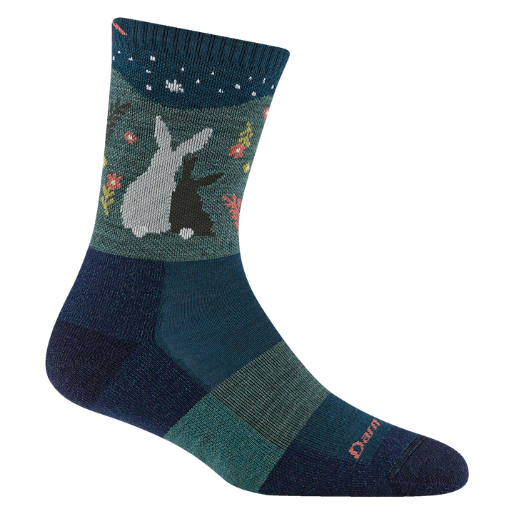 5001 women's critter club micro crew hiking sock in eclipse with navy toe/heel accents and two rabbits snuggling on the cuff