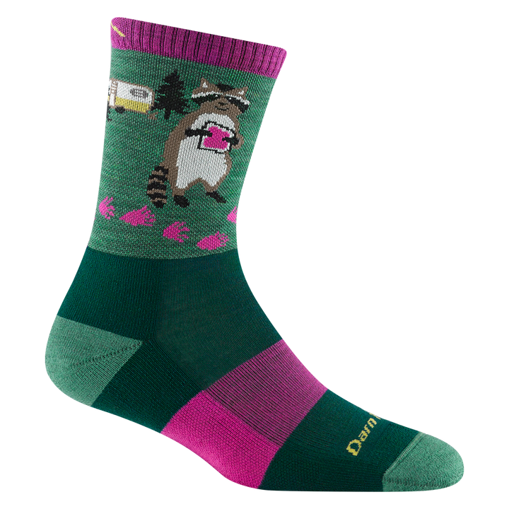 5001 women's critter club micro crew hiking sock in moss green with lighter green toe/heel accents and a racoon eating a sandwich