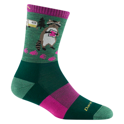 5001 women's critter club micro crew hiking sock in moss green with lighter green toe/heel accents and a racoon eating a sandwich