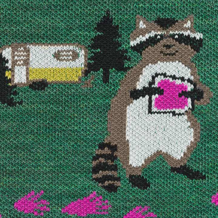 Call out detail image of the of the 5001 Moss front image of a raccoon holding a sandwich with camper in background