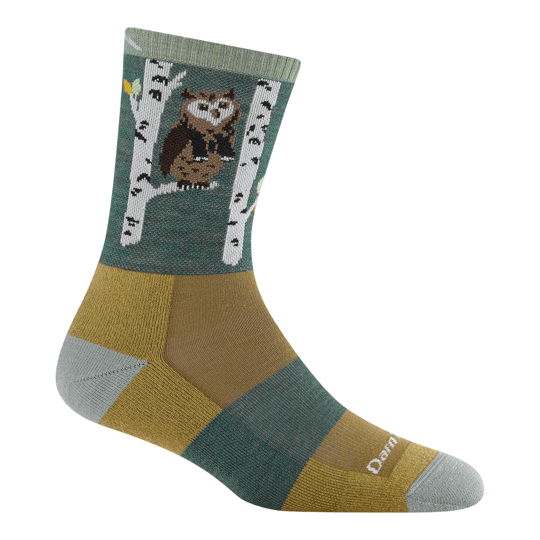 5001 critter club micro crew hiking sock in owl green featuring a light green heel/toe yellow body with green band and owl on the leg