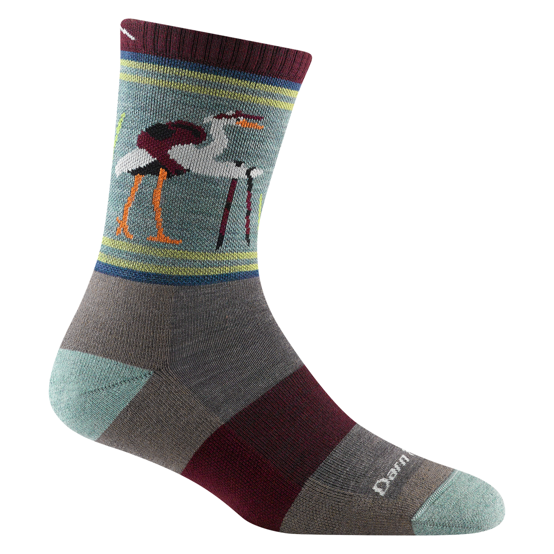 5001 women's critter club micro crew hiking sock in color taupe with light blue toe/heel accents and hiking bird design