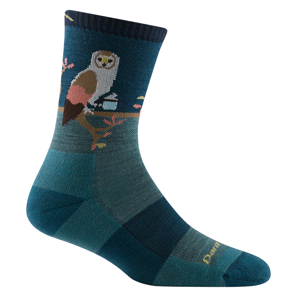 5001 women's critter club micro crew hiking sock in color teal with white and brown owl design on ankle