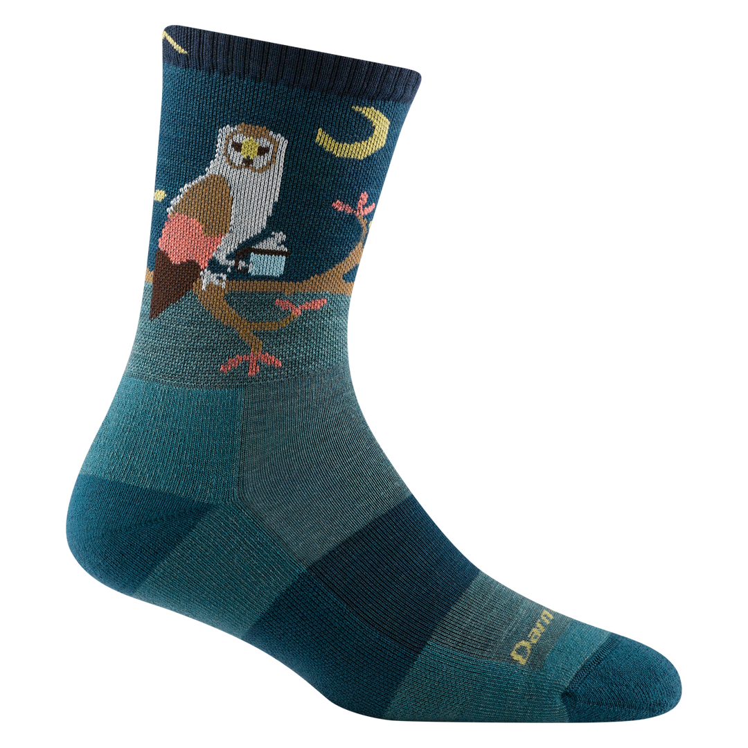 Reverse side of women's critter club micro crew hiking sock in color teal with owl and moon design on ankle