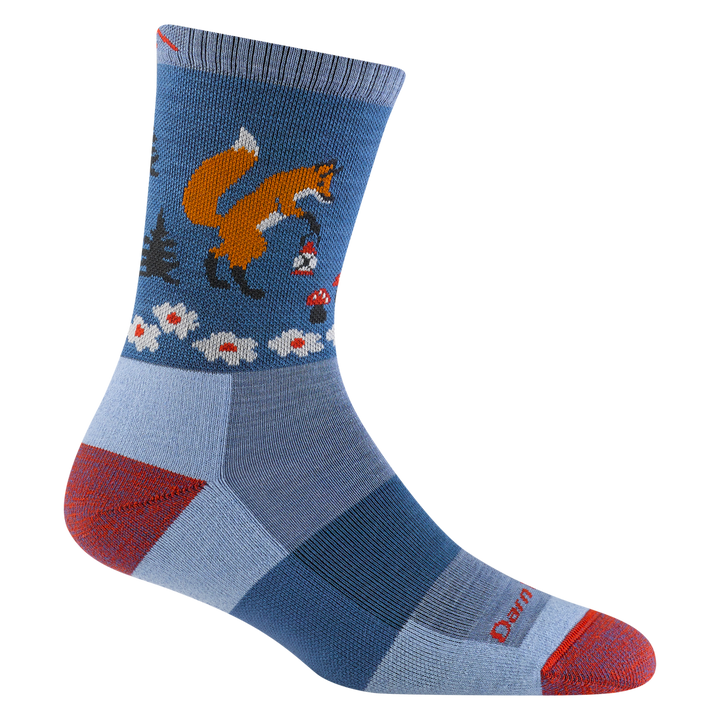 5001 women's critter club micro crew hiking sock in vapor blue with red accents and a orange fox picking flowers