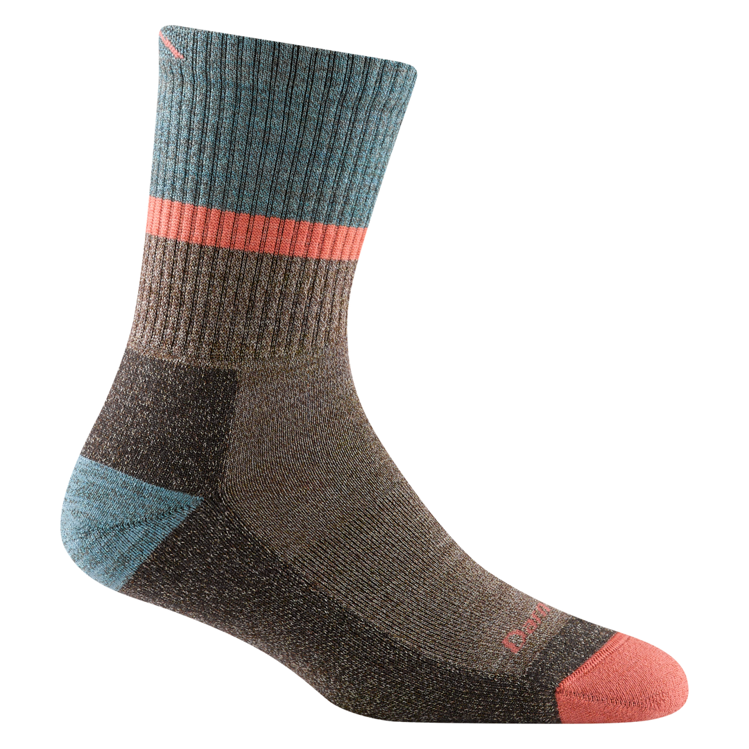 5002 women's ranger micro crew hiking sock in brown with coral and teal stripes/accents