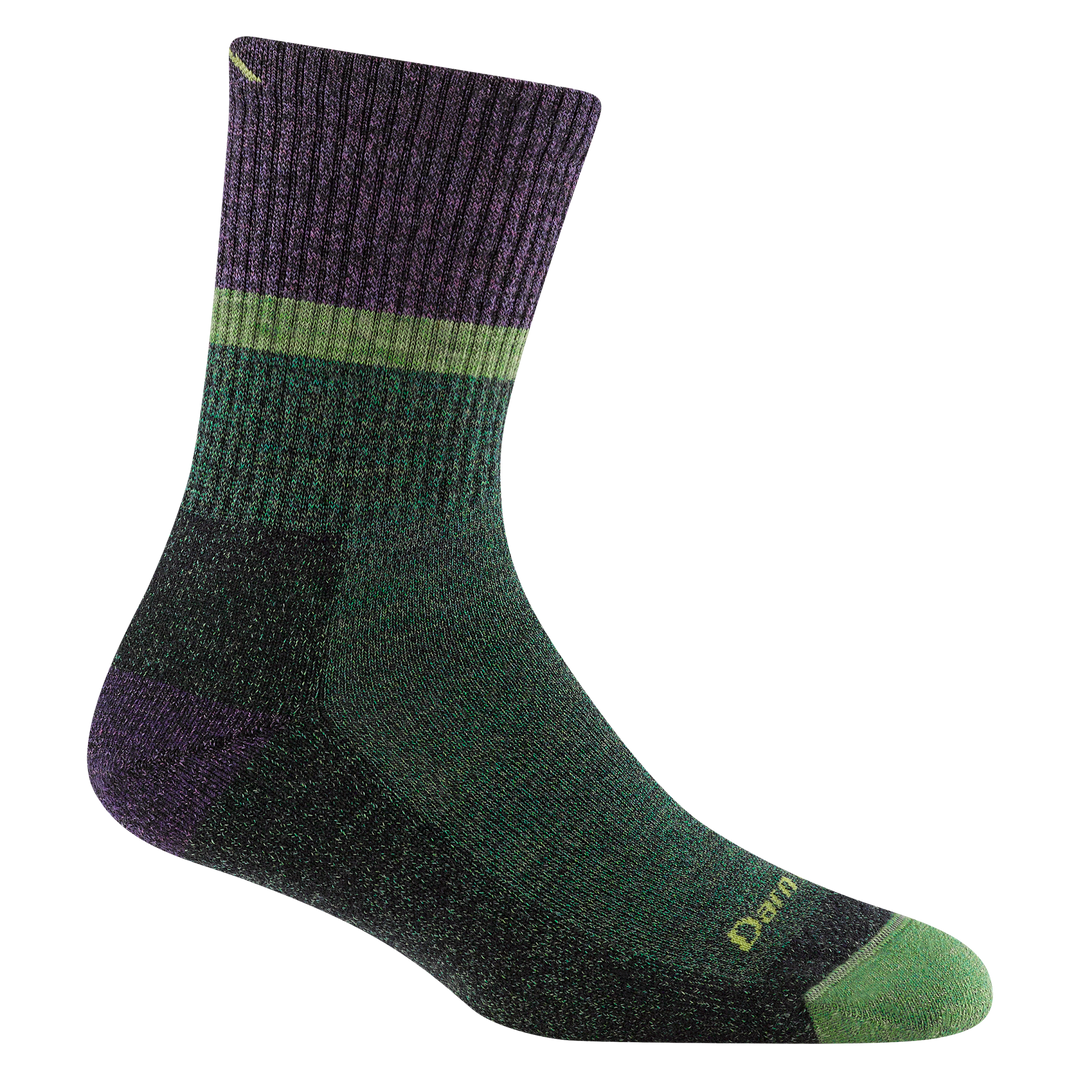 5002 women's ranger micro crew hiking sock in color moss with green toe, red heel, purple and green around calf
