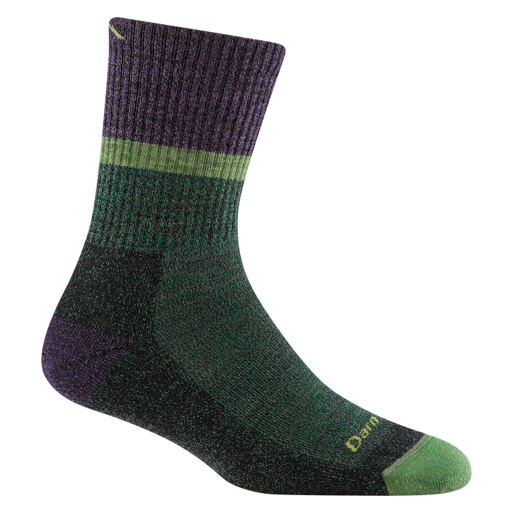 5002 women's ranger micro crew hiking sock in color moss with green toe, red heel, purple and green around calf
