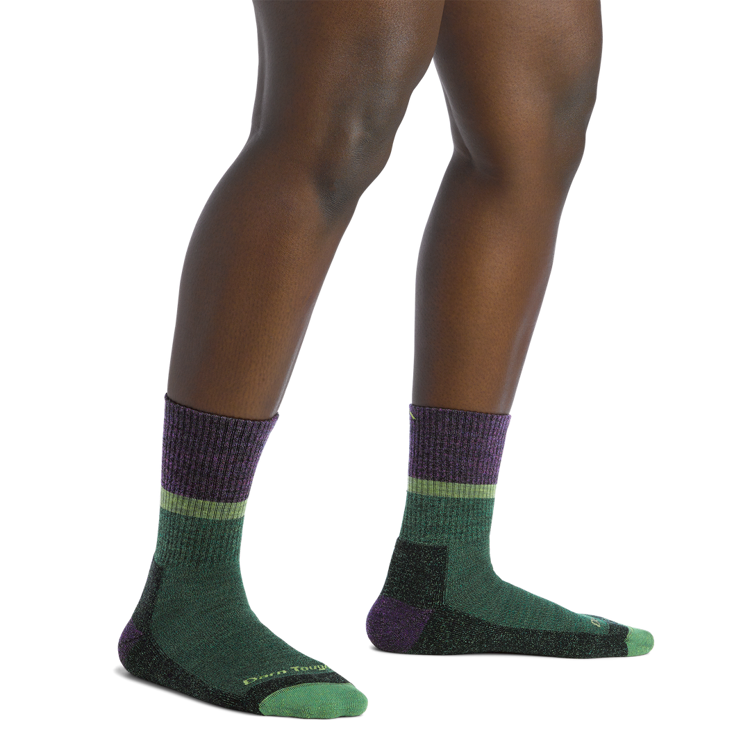 on model image of the 5002 Moss featuring green body and purple cuff and heel