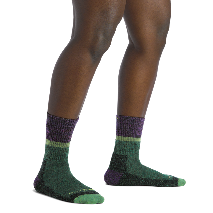 on model image of the 5002 Moss featuring green body and purple cuff and heel