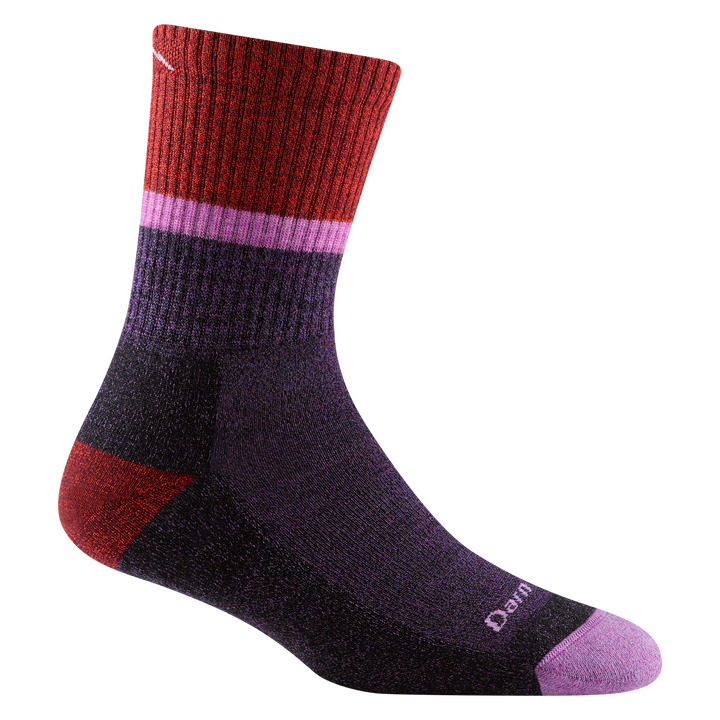 5002 women's ranger micro crew hiking sock in color plum with pink toe, red heel, pink and red around calf