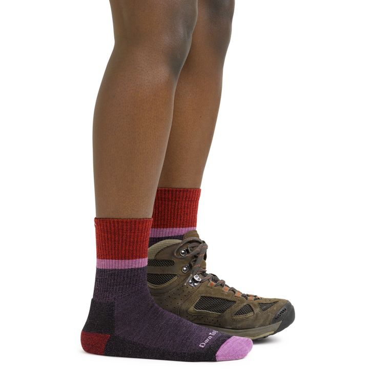 5002 women's ranger soft hiking socks in plum purple on foot wearing hiking boots