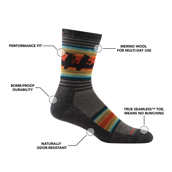 Men's willoughby micro crew hiking sock with feature benefit callouts, such as bomb-proof durability and performance fit