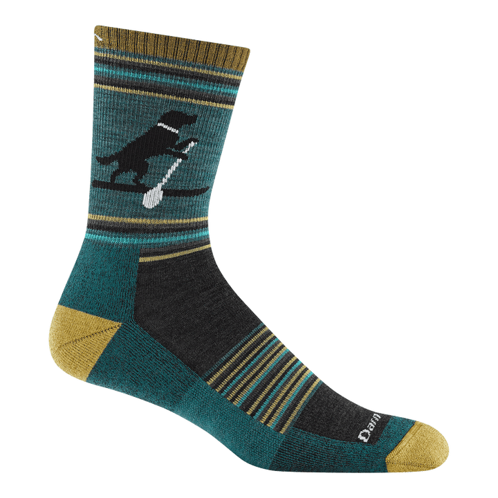 5003 willoughby micro crew hiking sock in dog pong featuring yellow heel/toe green bottom with brown top of foot and a paddleboarding dog on leg