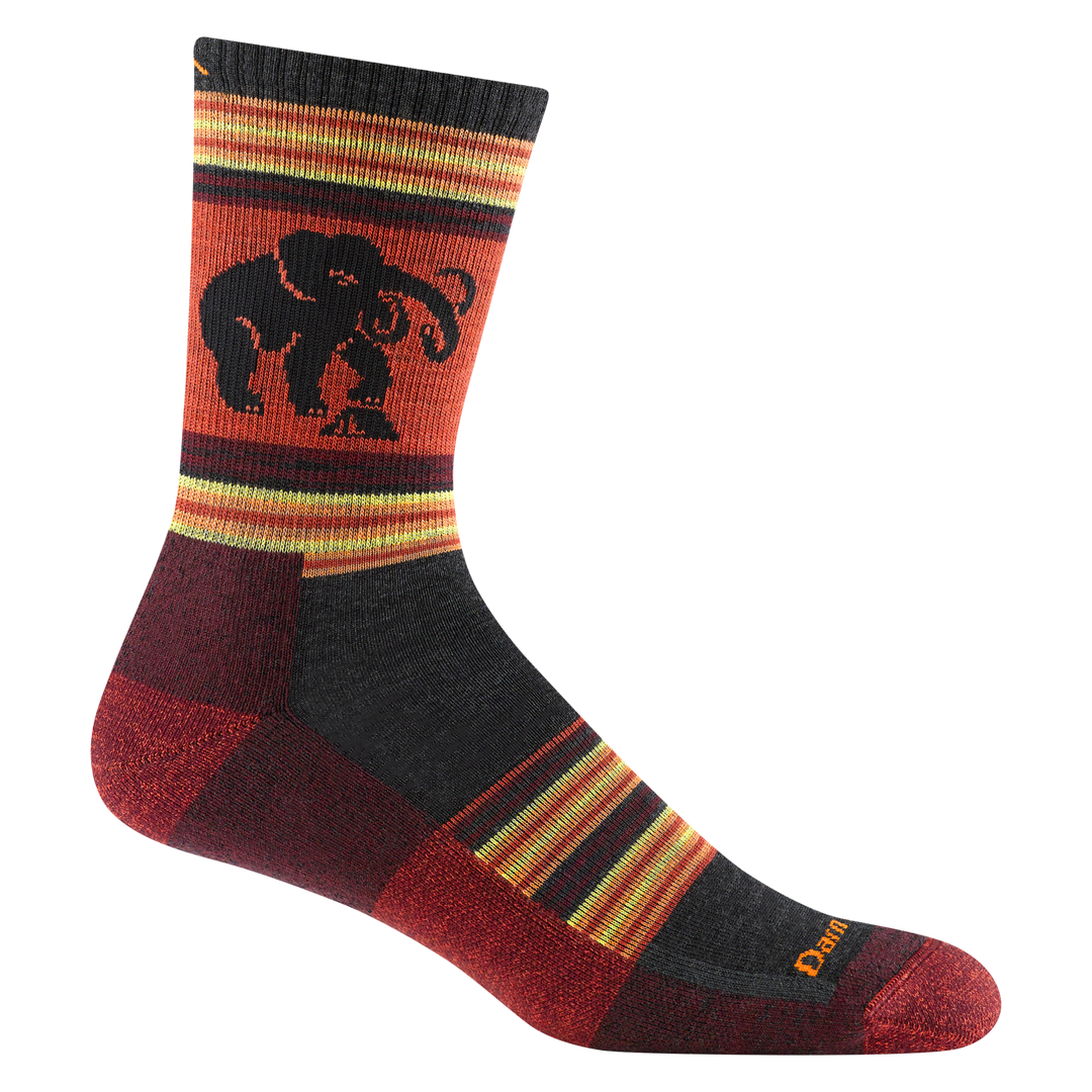 5003 Willoughby in lava featuring an Elephant on ankle with a red toe/heel, yellow red and orange stripes on top of foot