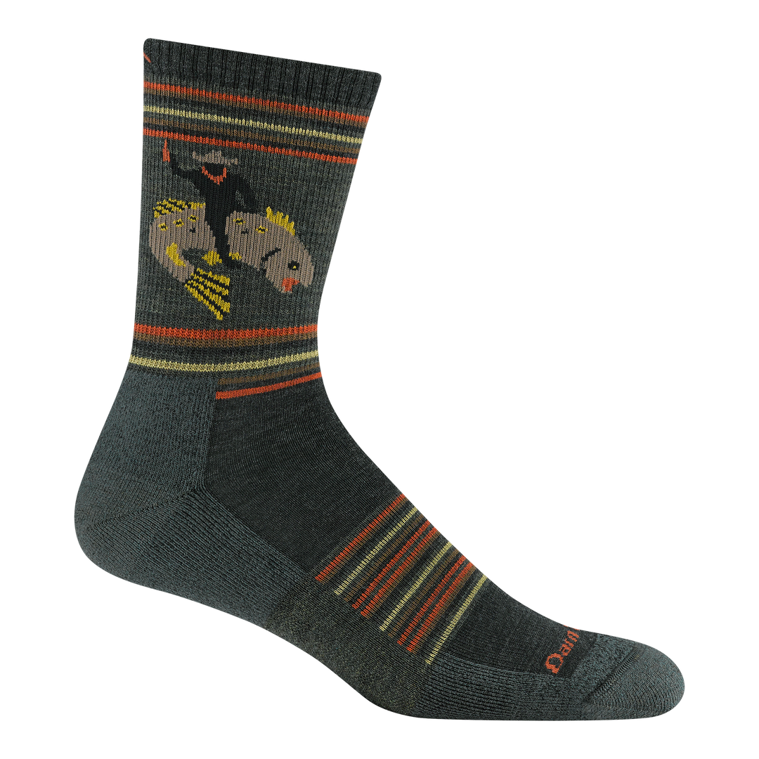5003 Willoughby micro crew hiking sock featuring a cowboy outline riding a fish. green body with orange and yellow stripes