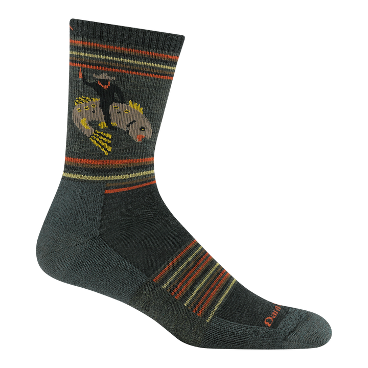 5003 Willoughby micro crew hiking sock featuring a cowboy outline riding a fish. green body with orange and yellow stripes